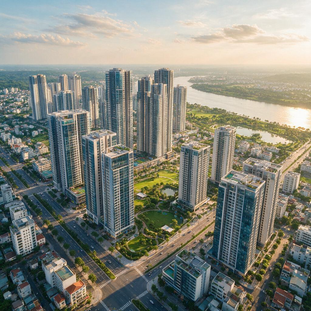 Khu đô thị cao tầng nhìn từ trên cao, sông và công viên xanh lúc hoàng hôn