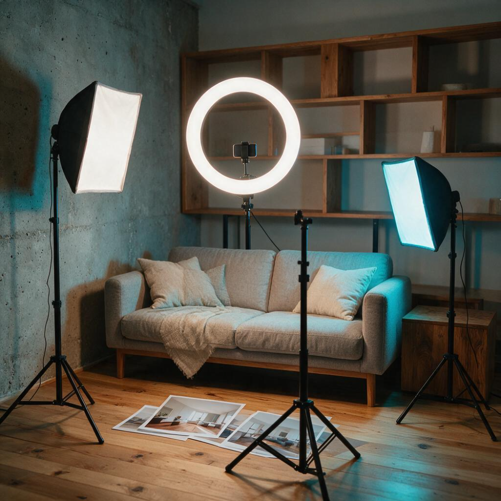Bộ đèn quay video tại nhà: hai softbox, đèn vòng và giá kẹp máy