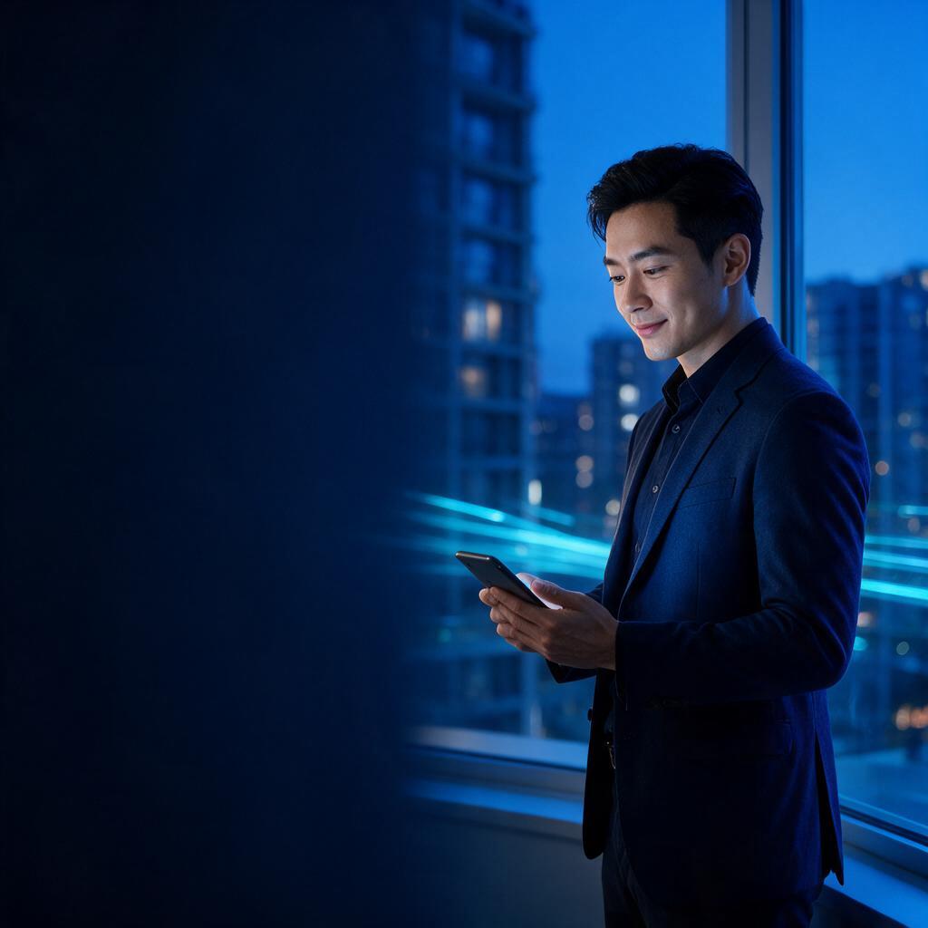 Môi giới OneHub xem điện thoại bên cửa sổ văn phòng lúc xanh chiều