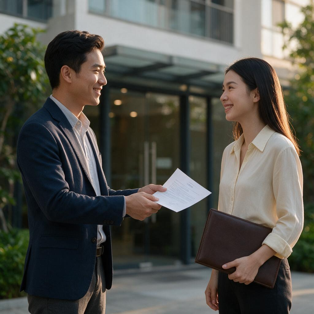 Môi giới trao hồ sơ đã ký cho khách trước sảnh toà nhà